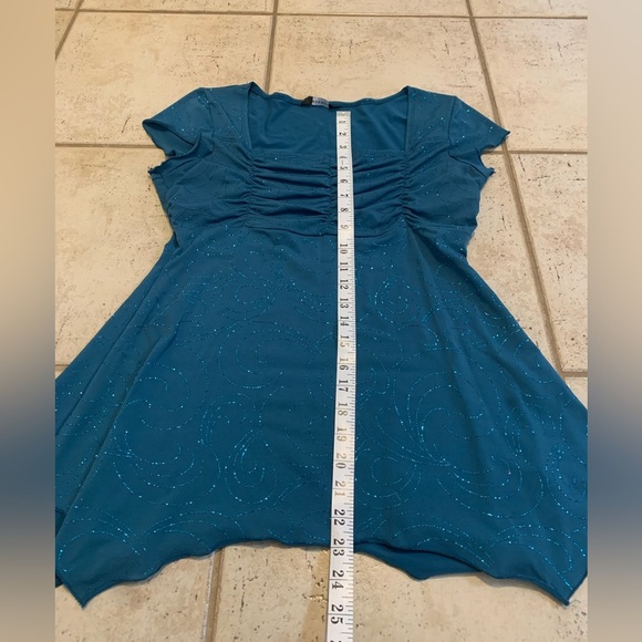 Mariposa Y2K Glitter Ruched Asymmetrical Blouse - Teal, Size L - Picture 6 of 6